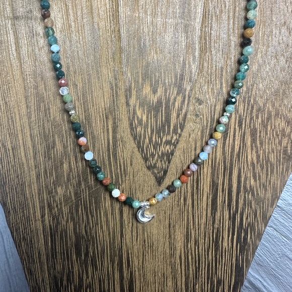 Indian Agate Beaded Necklace with Sterling Silver Crescent Moon Charm - Picture 3 of 9